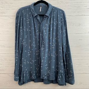 Free People Star Print Long Sleeve Ruffle Hem Button Down Top